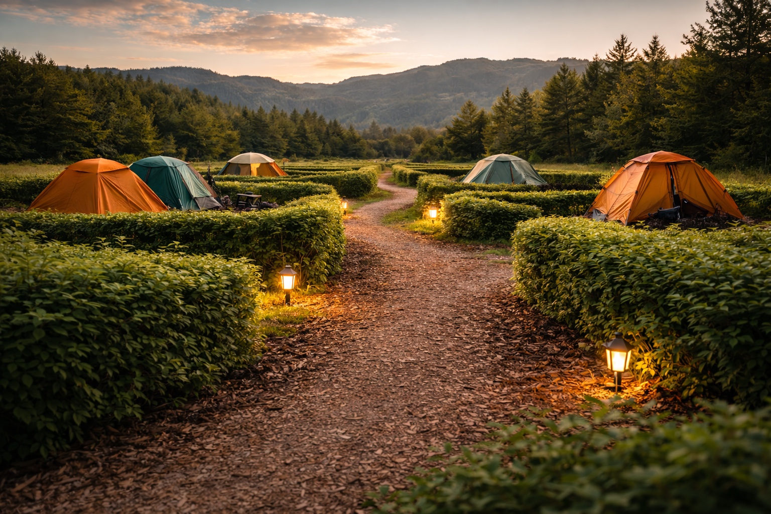 Lanterns along a calm forest arrival path