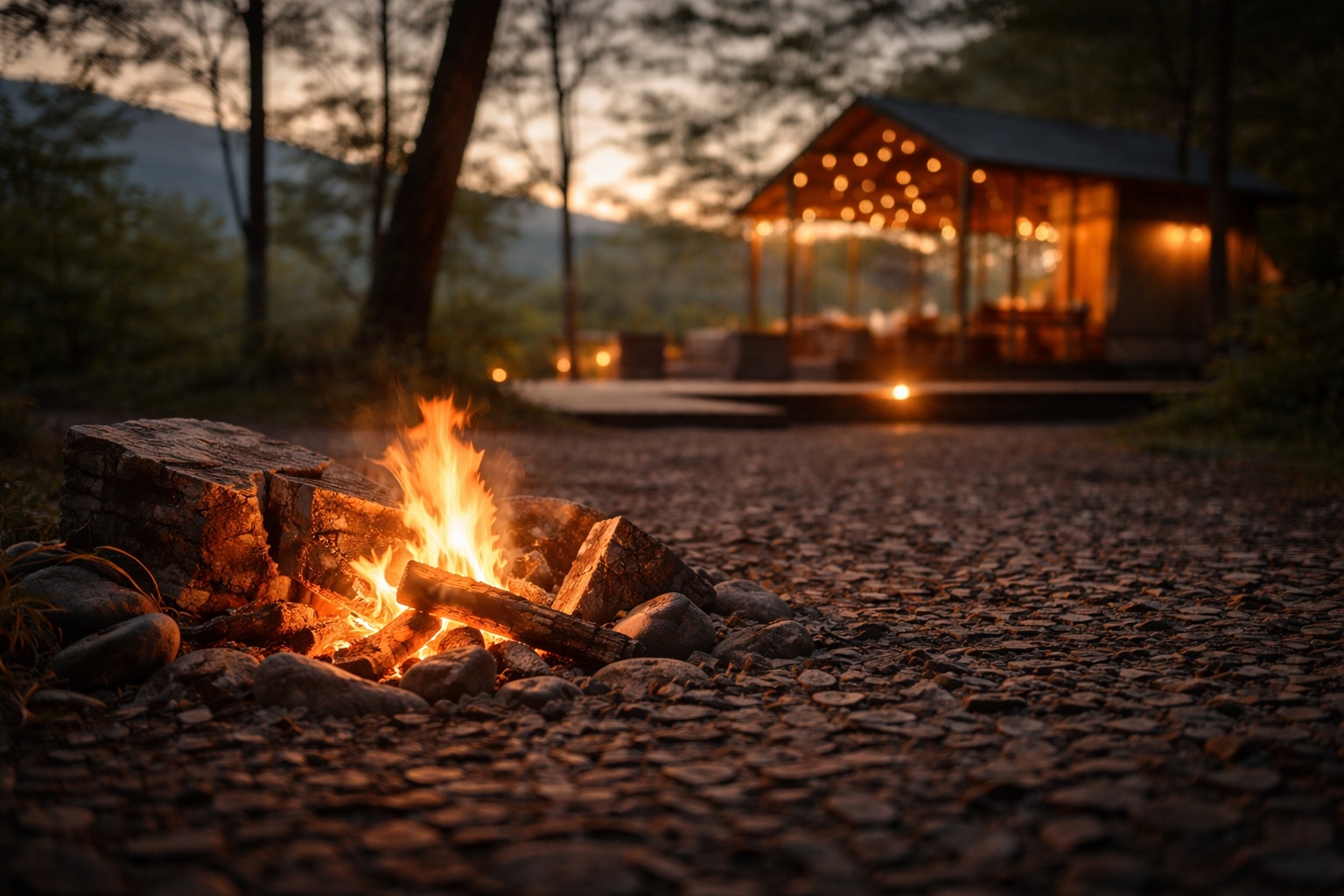 A quiet fire circle beneath a mountain night sky